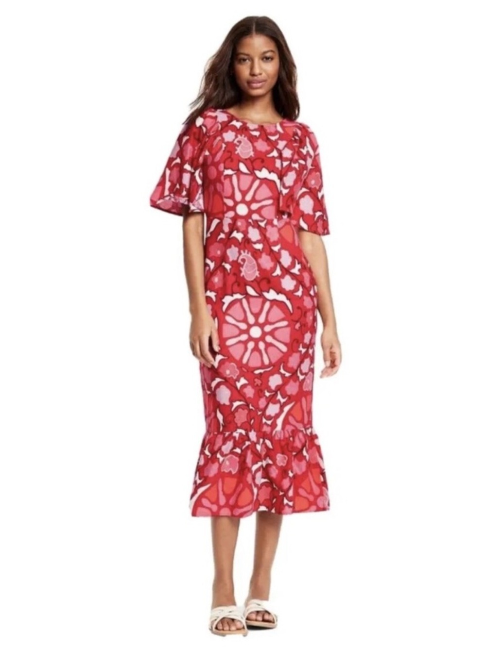 Rhode for Target Large Zinnia Red Floral Print Bell Sleeve Midi Dress NWT